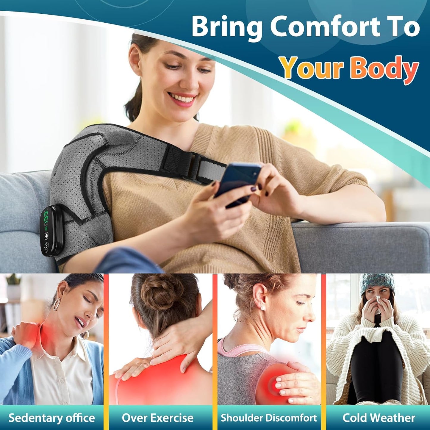 Cordless Portable Shoulder Heating Pad & Massager, Heating Vibration Shoulder Wrap, Shoulder Brace for Pain Relief, Rotator Cuff Support for Men & Women, Black