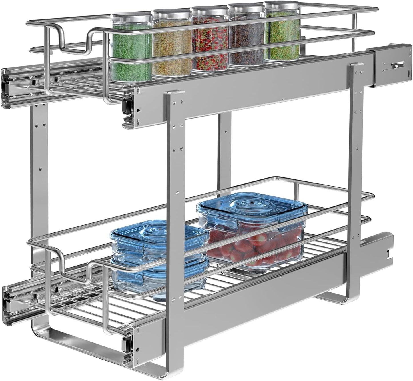 2-Tier Cabinet Pull Out Shelves, 14" W x 22" D, Chrome | Heavy-Gauge Wire Kitchen Cabinet Organizer, 100 lbs Capacity, Ball-Bearing Glides, Min 15" Opening, For Tupperware & Bowls