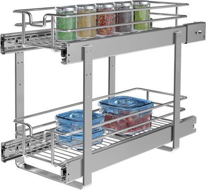 2-Tier Cabinet Pull Out Shelves, 14" W x 22" D, Chrome | Heavy-Gauge Wire Kitchen Cabinet Organizer, 100 lbs Capacity, Ball-Bearing Glides, Min 15" Opening, For Tupperware & Bowls