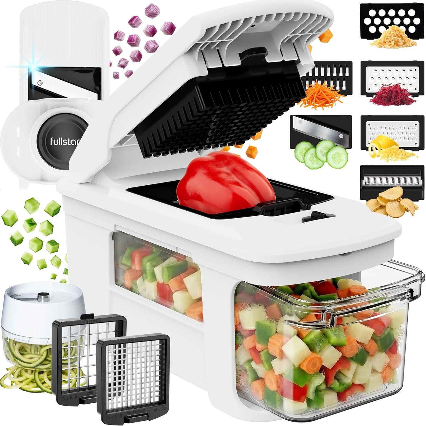 Fullstar Pro XL Vegetable Chopper & Mandoline Slicer w Pull-Out Catch Tray | 6 in 1 Veggie, Onion & Fruit Slicer, Dicer & Grater with Sharp Stainless Steel Blades - XL Food Prep Set (Black)