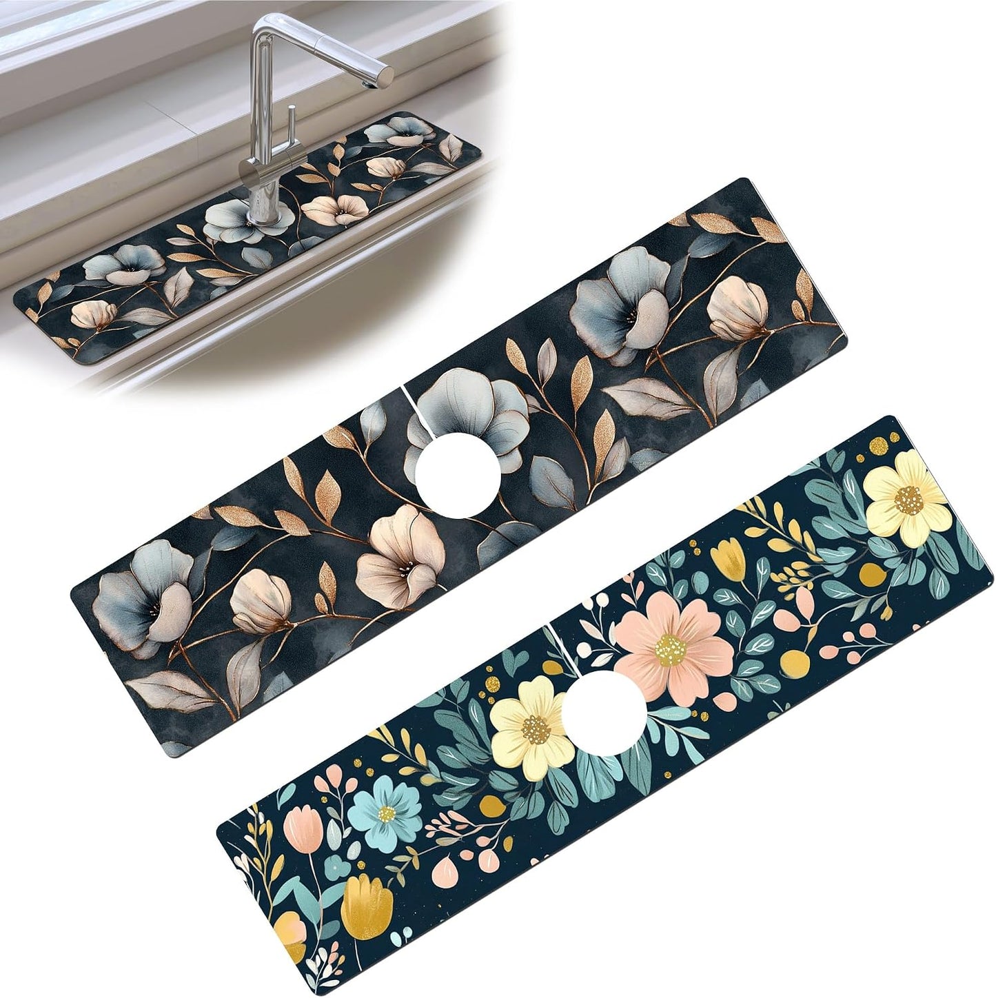 Bimkole 2 PCS Faucet Absorbent Mat, Kitchen Faucet Sink Splash Guard Wraparound Cloth Pads Drip Catcher for Sink Faucet for Kitchen Bathroom Faucet, Colorful Faucet Mat, 15 x 4 Inch Flower A6