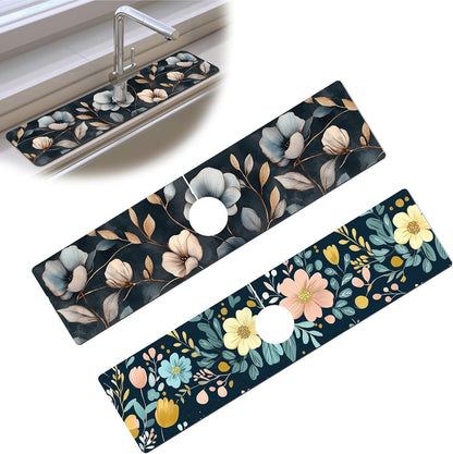 Bimkole 2 PCS Faucet Absorbent Mat, Kitchen Faucet Sink Splash Guard Wraparound Cloth Pads Drip Catcher for Sink Faucet for Kitchen Bathroom Faucet, Colorful Faucet Mat, 15 x 4 Inch Flower A6