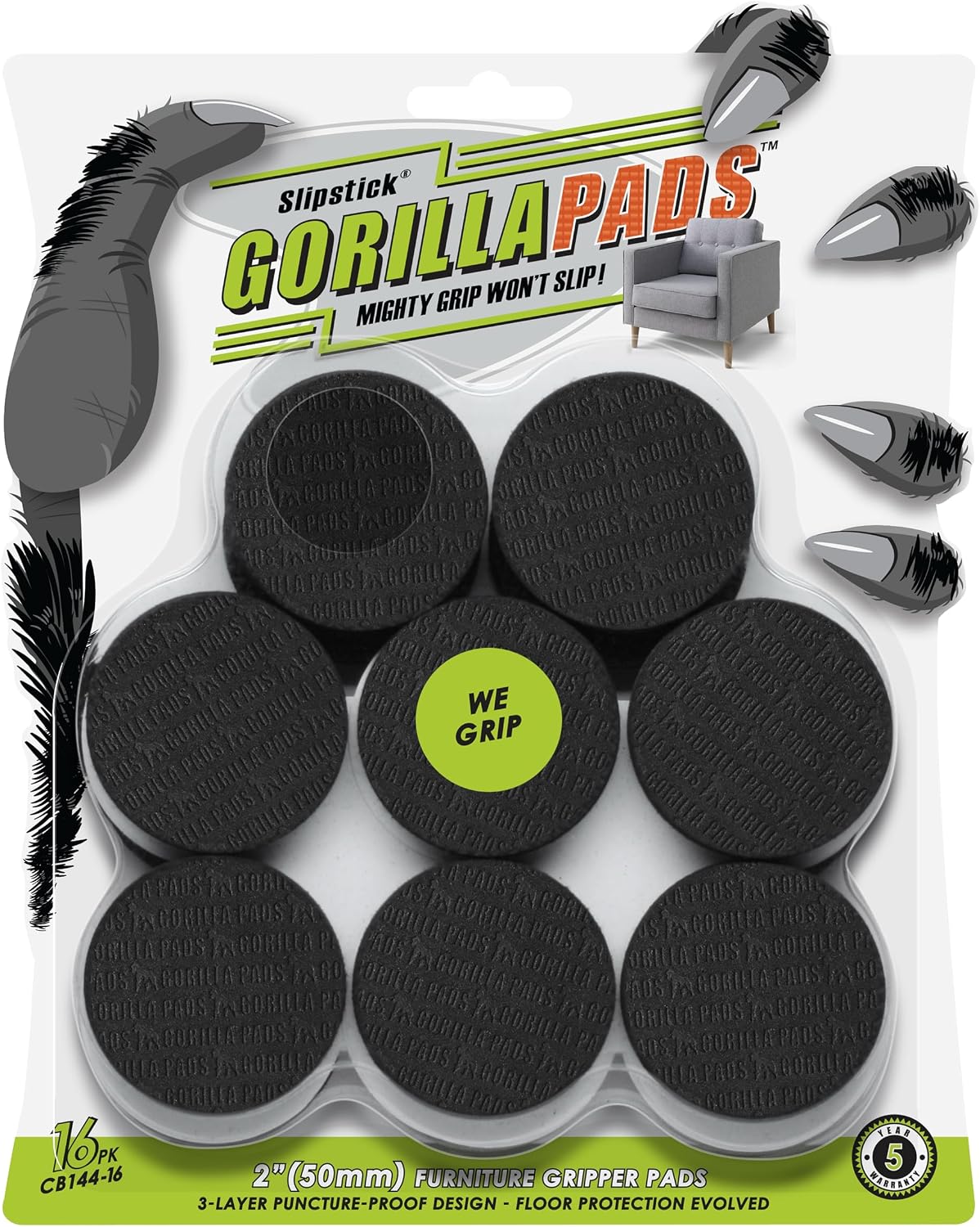 Slipstick GorillaPads CB144 Non Slip Furniture Pads/Grippers (Set of 8) Furniture Feet Floor Protectors, 2 Inch Round, Black