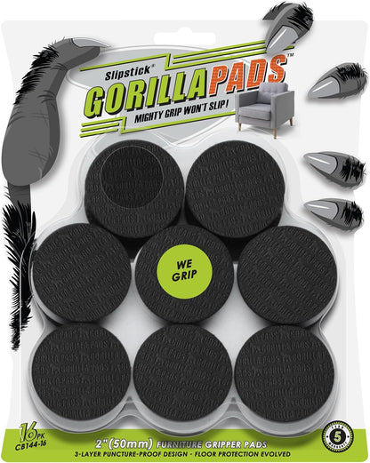 Slipstick GorillaPads CB144 Non Slip Furniture Pads/Grippers (Set of 8) Furniture Feet Floor Protectors, 2 Inch Round, Black