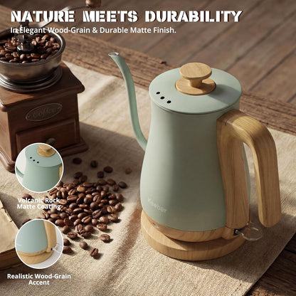 Gooseneck Electric Kettle, 0.8 L, 1000 W, Auto Shut-Off, Light Green | Compact 0.8 L Kettle With Stainless Steel Interior, Gooseneck Pour, Wood-Grain Handle, Auto Shut-Off And Boil-Dry Protection