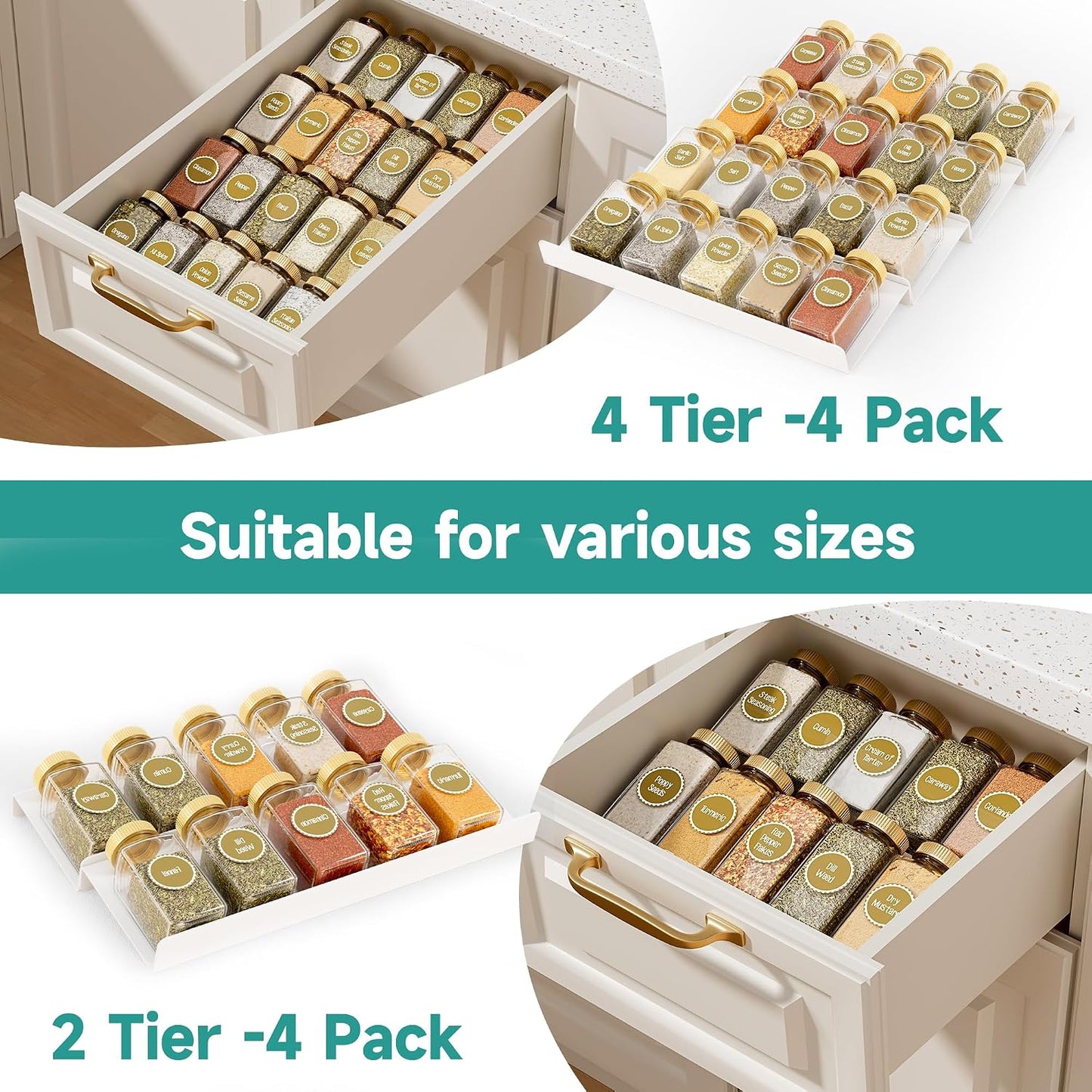 MIUKAA Clear Acrylic Spice Drawer Organizer, 4 Tier Seasoning Jars Drawers Insert, Kitchen Spice Rack Tray for Drawer/Countertop (Jars not included)