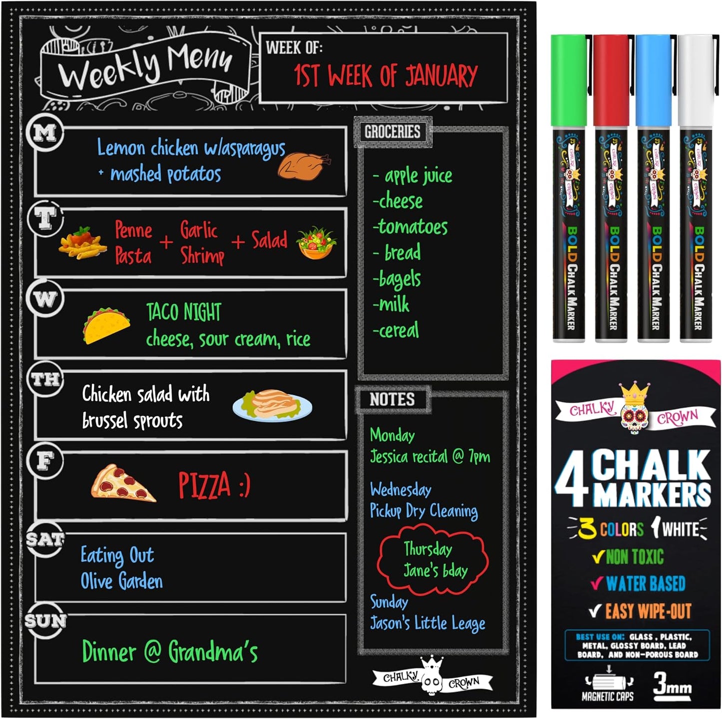 CHALKY CROWN Magnetic Dry Erase Menu Board - Black - 15.6" x 11.6" | Magnetic Weekly Meal Planner & Grocery List for Fridge - Includes 4 Liquid Chalk Markers - Easy to Write & Wipe Clean Design
