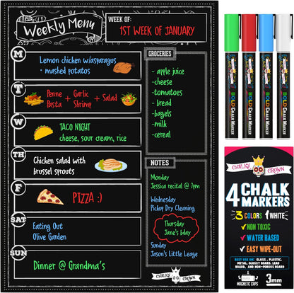 CHALKY CROWN Magnetic Dry Erase Menu Board - Black - 15.6" x 11.6" | Magnetic Weekly Meal Planner & Grocery List for Fridge - Includes 4 Liquid Chalk Markers - Easy to Write & Wipe Clean Design