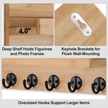 Lwenki Key Holder Wall Mount, Entryway Key and Mail Holder with 7 Sturdy Hooks for Sunglasses, Dog Leash, Decorative Wall Shelf with Mounting Hardware, 15”W x 6.7”H x 4.2”D
