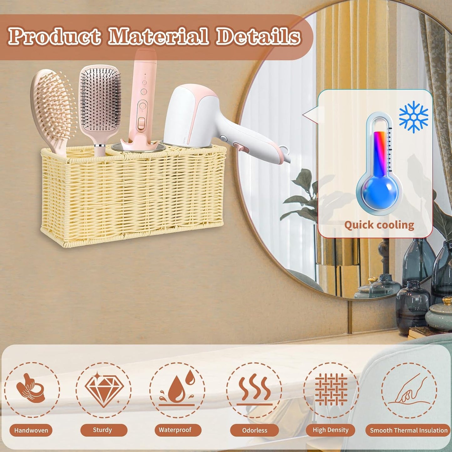 Hair Tool Organizer,Wall Mount Curling Iron Holder,Waterproof Wicker Hot Tools Organizer for Hair Dryer,Flat Irons,Curling Wands,Straighteners Storage,in Cabinet,Bathroom,Vanity (Nature)