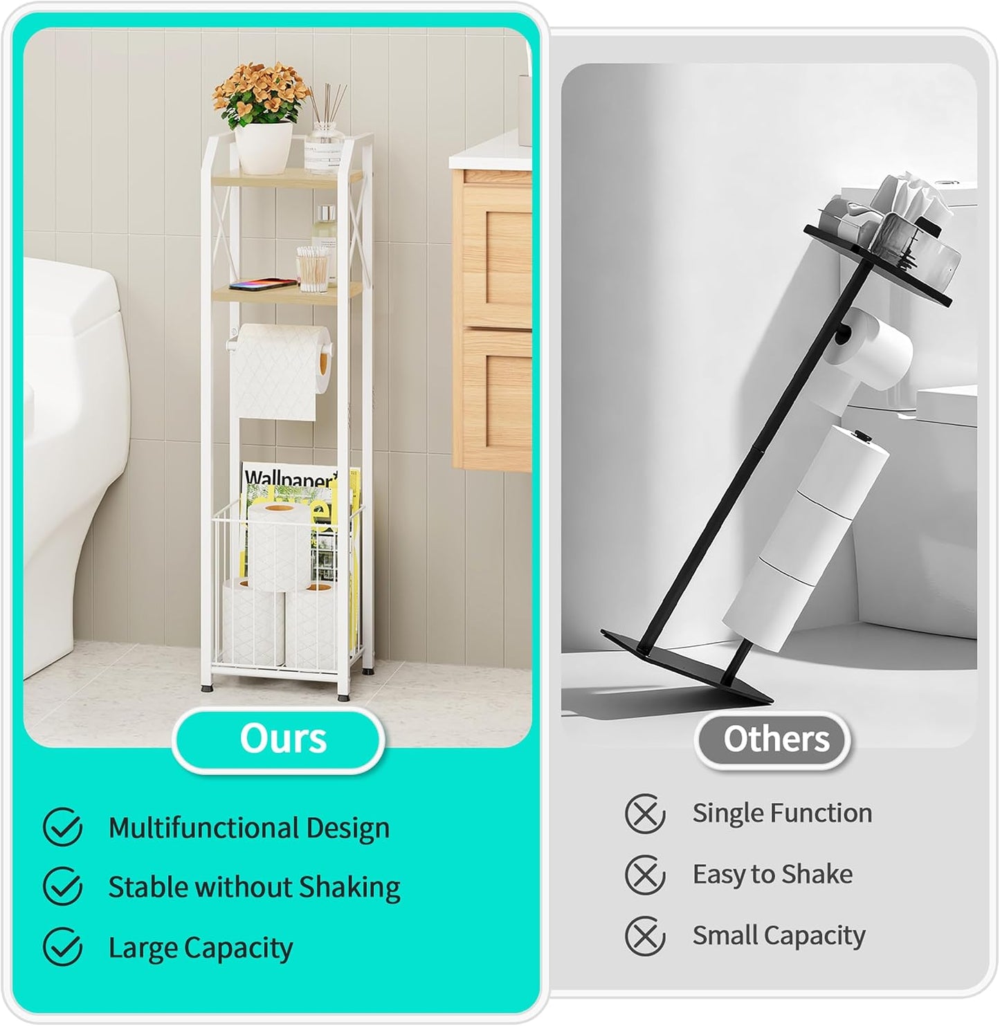 HapiRm Freestanding Toilet Paper Holder - 4-Tier Bathroom Tissue Organizer with Wood Shelves and Large Basket, Toilet Paper Holder Stand for Bathroom, Laundry Room, Apartment - Black（Large）