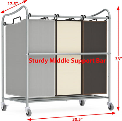 Simple Houseware Heavy Duty 3-Bag Laundry Sorter Rolling Cart, Dark Grey | Removable Bags and Lockable Wheels for Laundry Room Organization