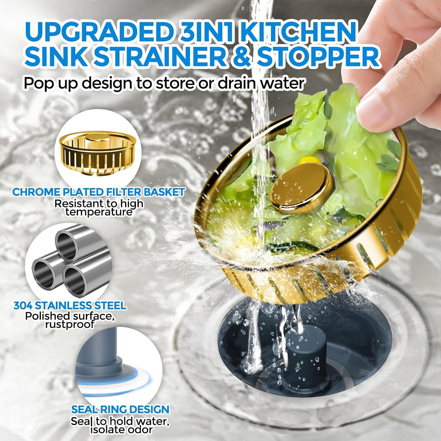 3 in 1 Kitchen Sink Drain Strainer Stopper Removable Basket Pop-Up | Kitchen Sink Food Strainer 1 Pack Silver Stainless - Food Catcher, Odor-Block Seal, Fits 3.5" Drain, Easy Clean