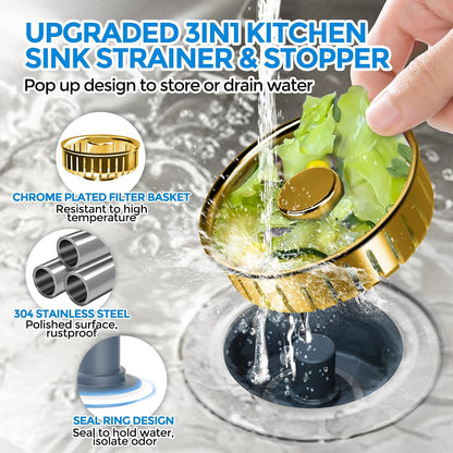 3 in 1 Kitchen Sink Drain Strainer Stopper Removable Basket Pop-Up | Kitchen Sink Food Strainer 1 Pack Silver Stainless - Food Catcher, Odor-Block Seal, Fits 3.5" Drain, Easy Clean