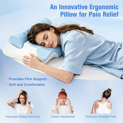 Cervical Neck Pillow for Pain Relief, 2-in-1 Memory Foam Pillow with Removable Cervical Roll, Orthopedic Neck Support Contour Bed Pillows with Ice Silk Pillowcase for Side Back Stomach Sleepers