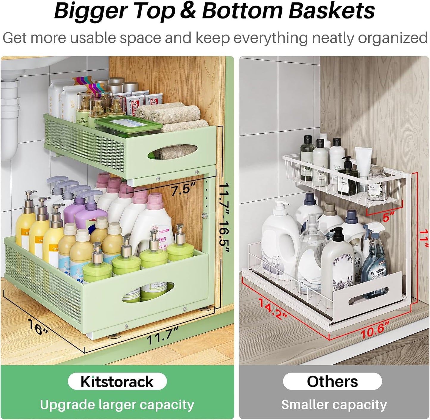 Under Sink Organizer, 2-Pack Pull Out Cabinet Organizer 2 Tier Metal Slide Out Storage Shelf Rack, L-Shaped Adjustable Height,Mesh Sliding Drawer for Kitchen, Bathroom, Laundry, Pantry, White, XL