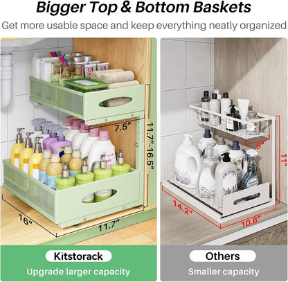 Under Sink Organizer, 2-Pack Pull Out Cabinet Organizer 2 Tier Metal Slide Out Storage Shelf Rack, L-Shaped Adjustable Height,Mesh Sliding Drawer for Kitchen, Bathroom, Laundry, Pantry, White, XL