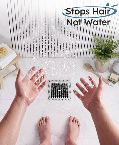 Square Shower Drain Hair Catcher, Anti-Clogging, Gray, 4 inch | Fast Drainage, Anti-Slip & Stays in Place, Stainless Steel & TPE Material, Easy Clean Fits Bathroom Hair Catcher for Shower