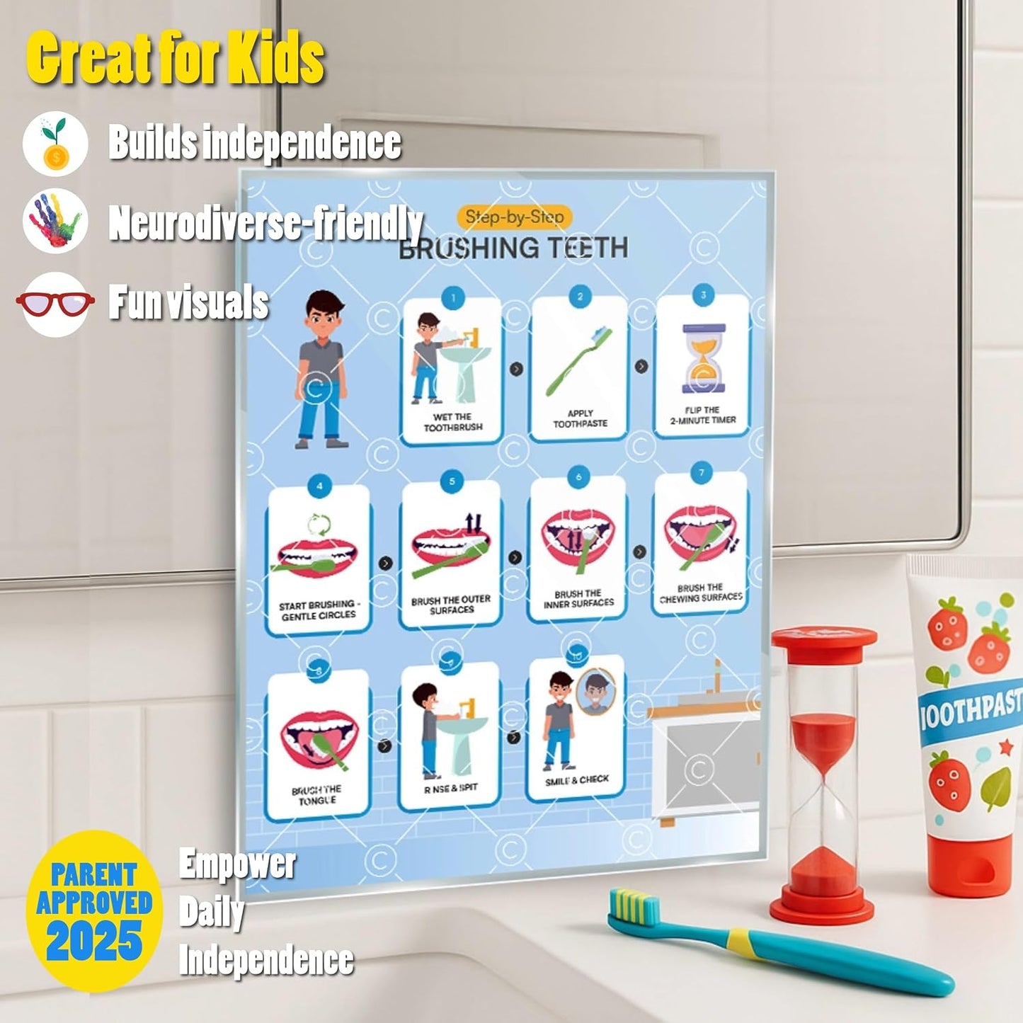 Morning Routine Chart for Kids – Step-by-Step Visual Schedule (9x12 Laminated) | Self-Care Educational Chart for Children, Special Needs & Autism – Morning Routine Support – English