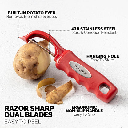 Zulay Kitchen Premium Vegetable Peeler for Kitchen - Swivel Peeler with Razor Sharp Stainless Steel Blades & Strong Ergonomic Handle - Dishwasher Safe, Easy To Use with Blemish Remover - Black