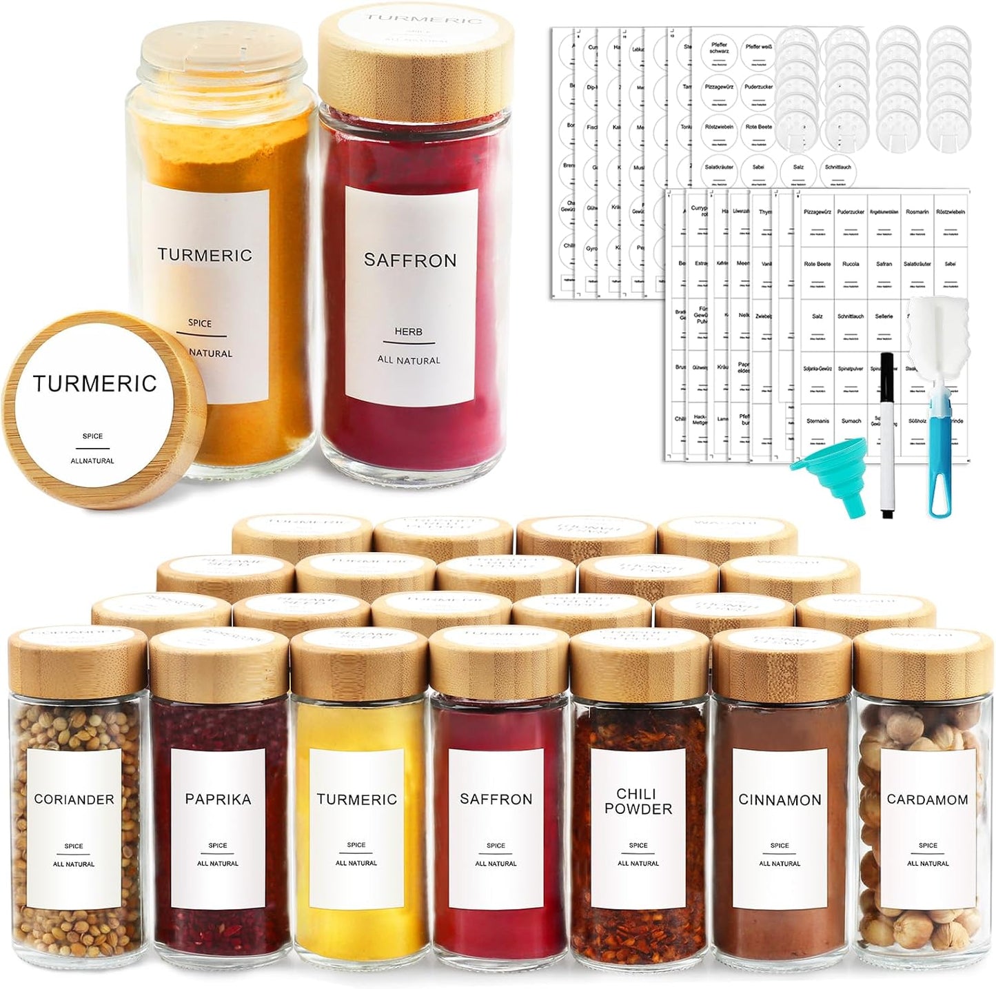 Glass Spice Jars with Bamboo Lid & 398 Label for Cabinet & Drawer Organizer | 24 pcs 4 fl oz Square Spice Bottles With Shaker Lids,Airtight Spice Containers Keep Fresh,Seasoning Containers Organization