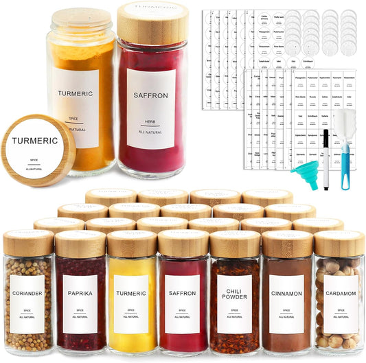 Glass Spice Jars with Bamboo Lid & 398 Label for Cabinet & Drawer Organizer | 24 pcs 4 fl oz Square Spice Bottles With Shaker Lids,Airtight Spice Containers Keep Fresh,Seasoning Containers Organization