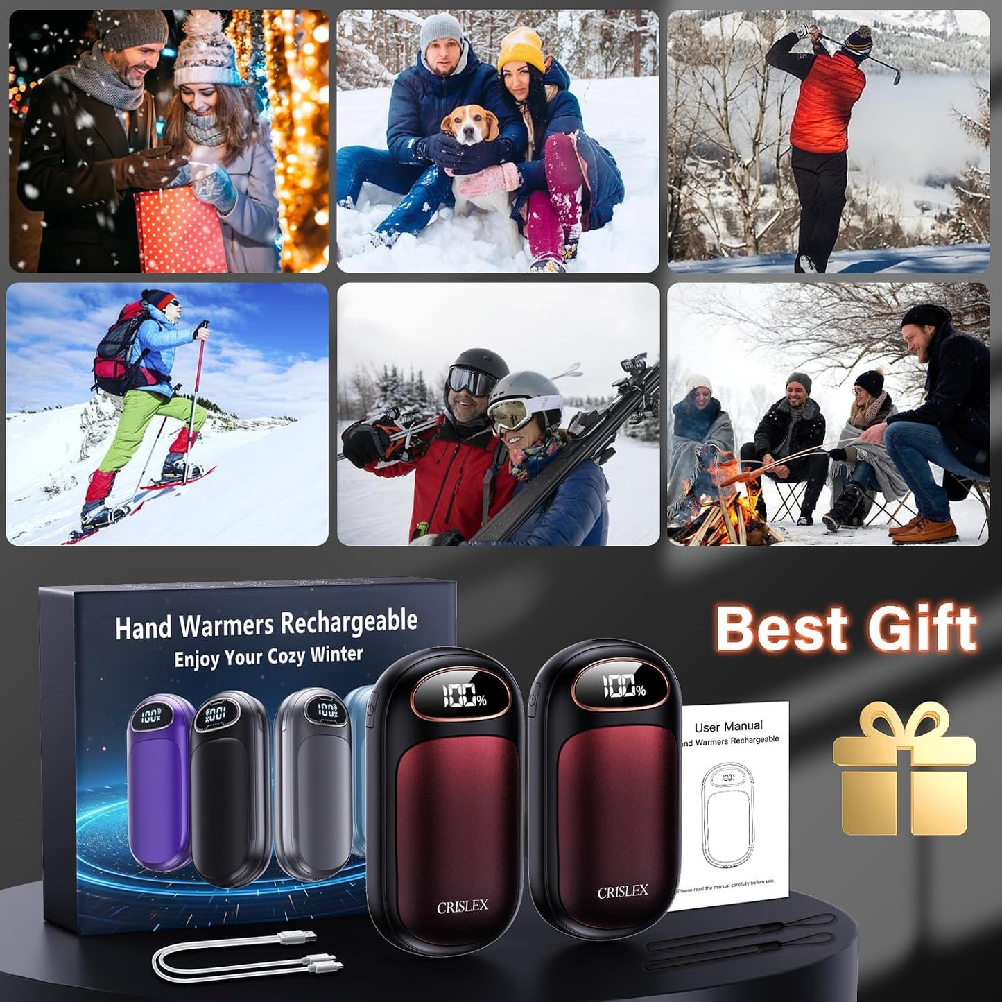 CRISLEX Electric Hand Warmers Rechargeable 2 Pack, 4 Levels Fast Heat, Reusable Hand Warmers with LED Display, Portable Magnetic Pocket Heater, Gifts for Christmas, Men, Women, Raynauds, Hunting, Golf