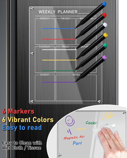 Weekly Acrylic Magnetic Calendar Dry Erase Board for Fridge, 12x16 in | Clear Weekly Planner Whiteboard for Refrigerator, Durable Material, Powerful Magnets, Smooth Writing and Easy Cleaning