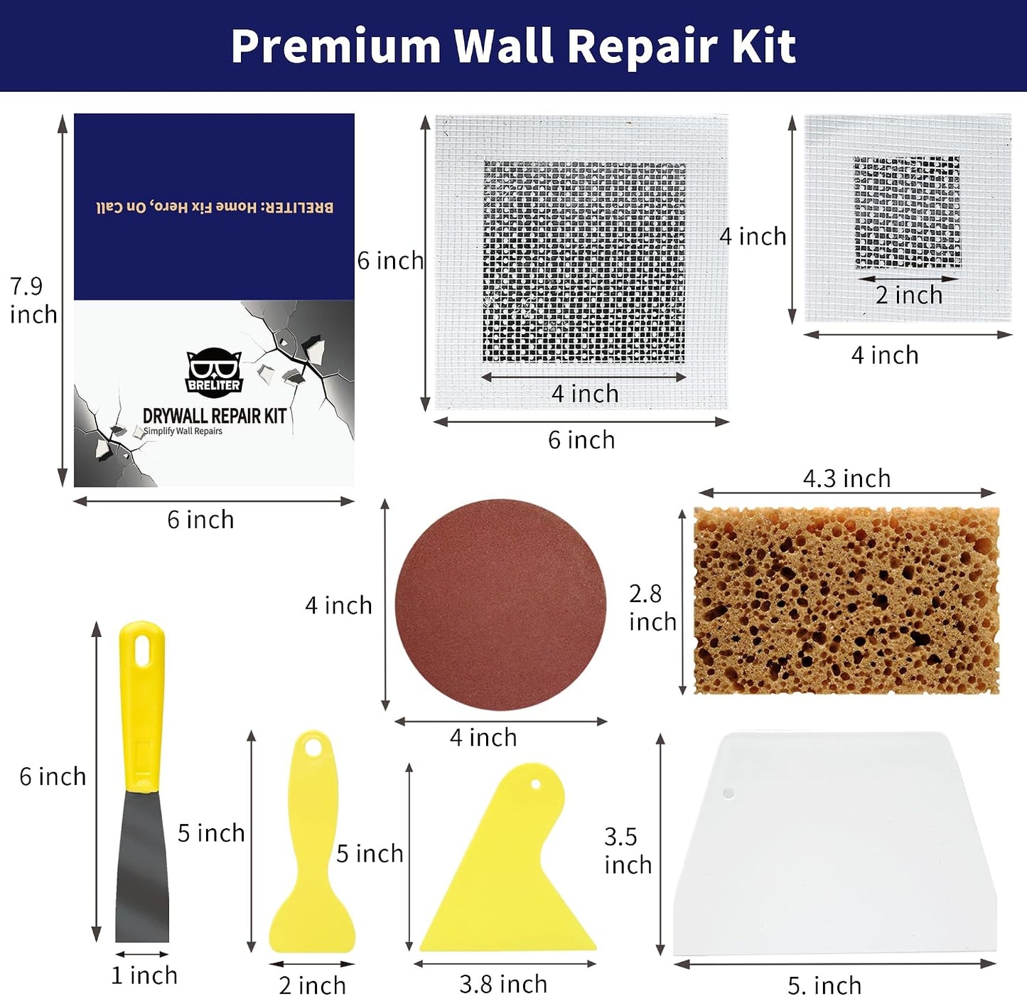 Drywall Patch Repair Kit - Drywall Repair Kit for Wall Texture, Holes, Cracks, Graffiti & Stains, Patches/Scrapers/Sandpaper/Texture Sponge/Putty Knife, Formaldehyde-Free, White (8.8oz)