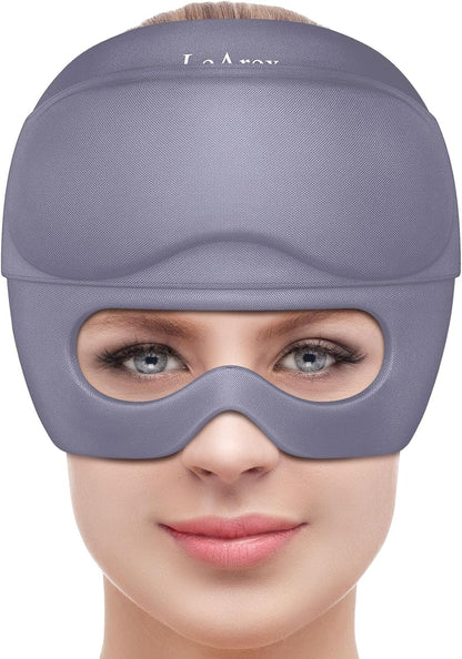 2 in 1 Migraine Relief Cap with Gel Eye Mask, Headache Relief Cap Ice Head Wrap Hot and Cold Therapy Hat Gift for Women for Headache Puffy Eyes Sinus and Tension Stress Relief (Light Purple)