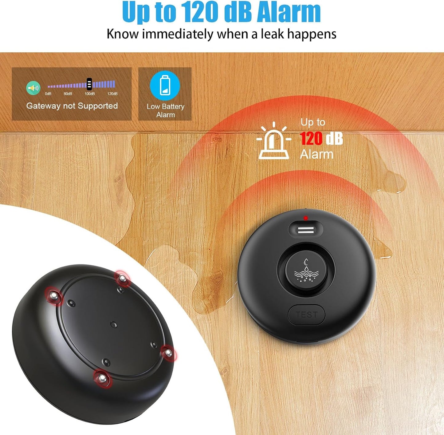 5 Pack Water Leak Alarm Detector, 120dB Loud Alert, IP66 Waterproof | Water Sensor, Sensitive Leak and Drip Alert, Easy Installation for Home, Basement Flood Prevention, Bathroom, Sink, Laundry
