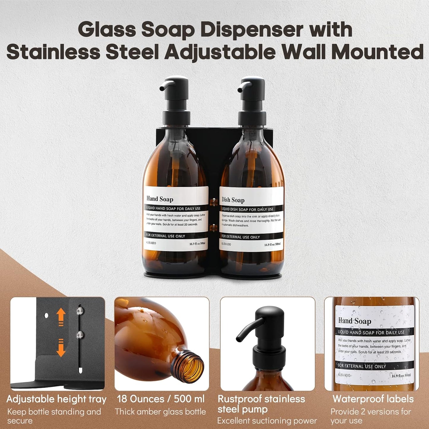Glass No-Drill Wall Mounted Shower Soap/Hand Soap Dispenser with Adjustable Stainless Steel Holder for Bathroom and Kitchen-(Black 3 Chamber)