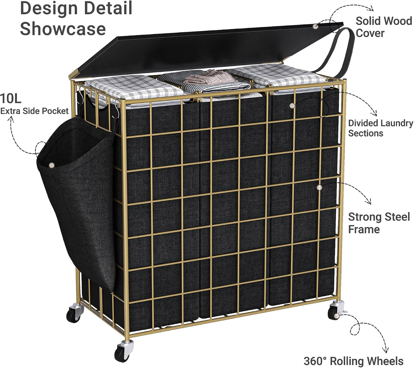 90L Laundry Basket with Wheels, Large Capacity Laundry Hamper with Removable Liner Bags, Heavy Duty Laundry Sorter with Solid Wood Lid & Leather Handles, Grey