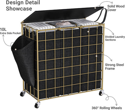 90L Laundry Basket with Wheels, Large Capacity Laundry Hamper with Removable Liner Bags, Heavy Duty Laundry Sorter with Solid Wood Lid & Leather Handles, Grey