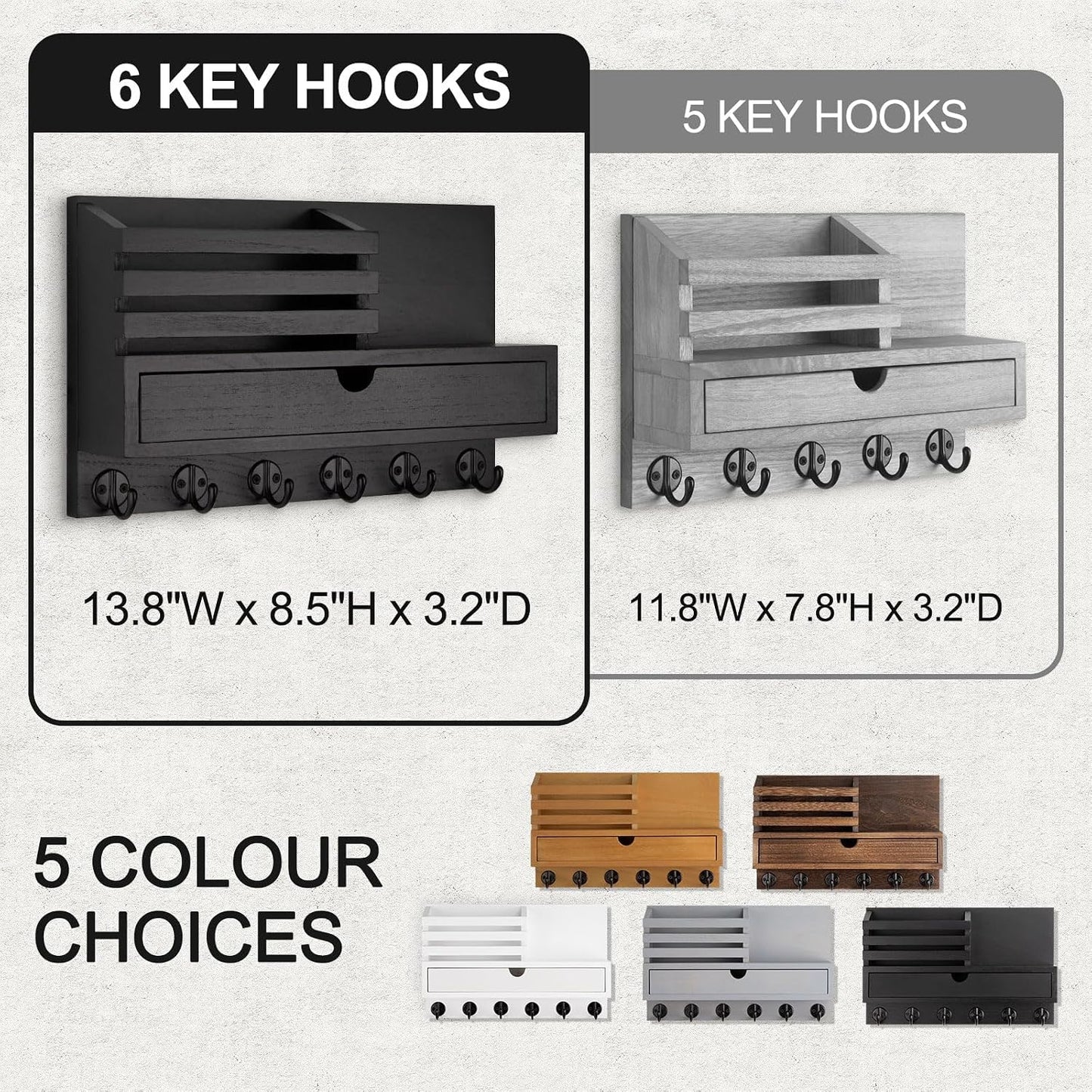 Key Holder Wall Mount, Mail Holder with Storage Drawer | Key and Mail Holder with 5 Key Hooks for Coat, Dog Leash, Home Decor Rack, House Accessories, Entry Way Organizer