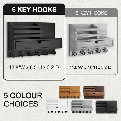 Key Holder Wall Mount, Mail Holder with Storage Drawer | Key and Mail Holder with 5 Key Hooks for Coat, Dog Leash, Home Decor Rack, House Accessories, Entry Way Organizer