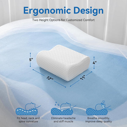 Contour Memory Foam Cervical Pillow for Neck Pain Relief, White | Orthopedic neck support | Standard size | side/back/stomach sleep | cervical alignment | two height choices | washable cover