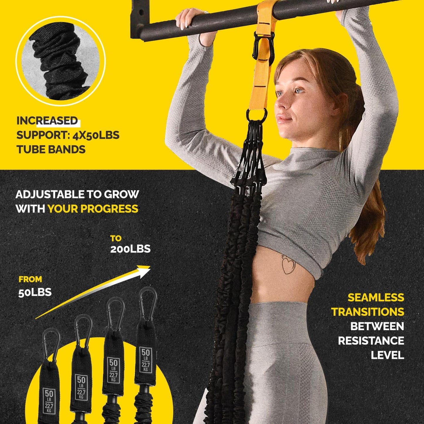 Pull Up Assistance Bands Set with 4 Levels, Adjustable Strap and Foot Rest | 50–200 lb stackable pull-up assistance, nylon-sleeved bands, adjustable support, reduced snap-back risk