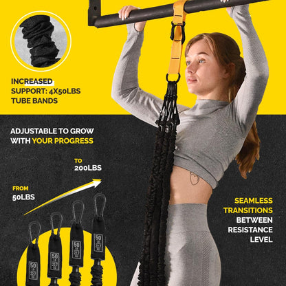 Pull Up Assistance Bands Set with 4 Levels, Adjustable Strap and Foot Rest | 50–200 lb stackable pull-up assistance, nylon-sleeved bands, adjustable support, reduced snap-back risk