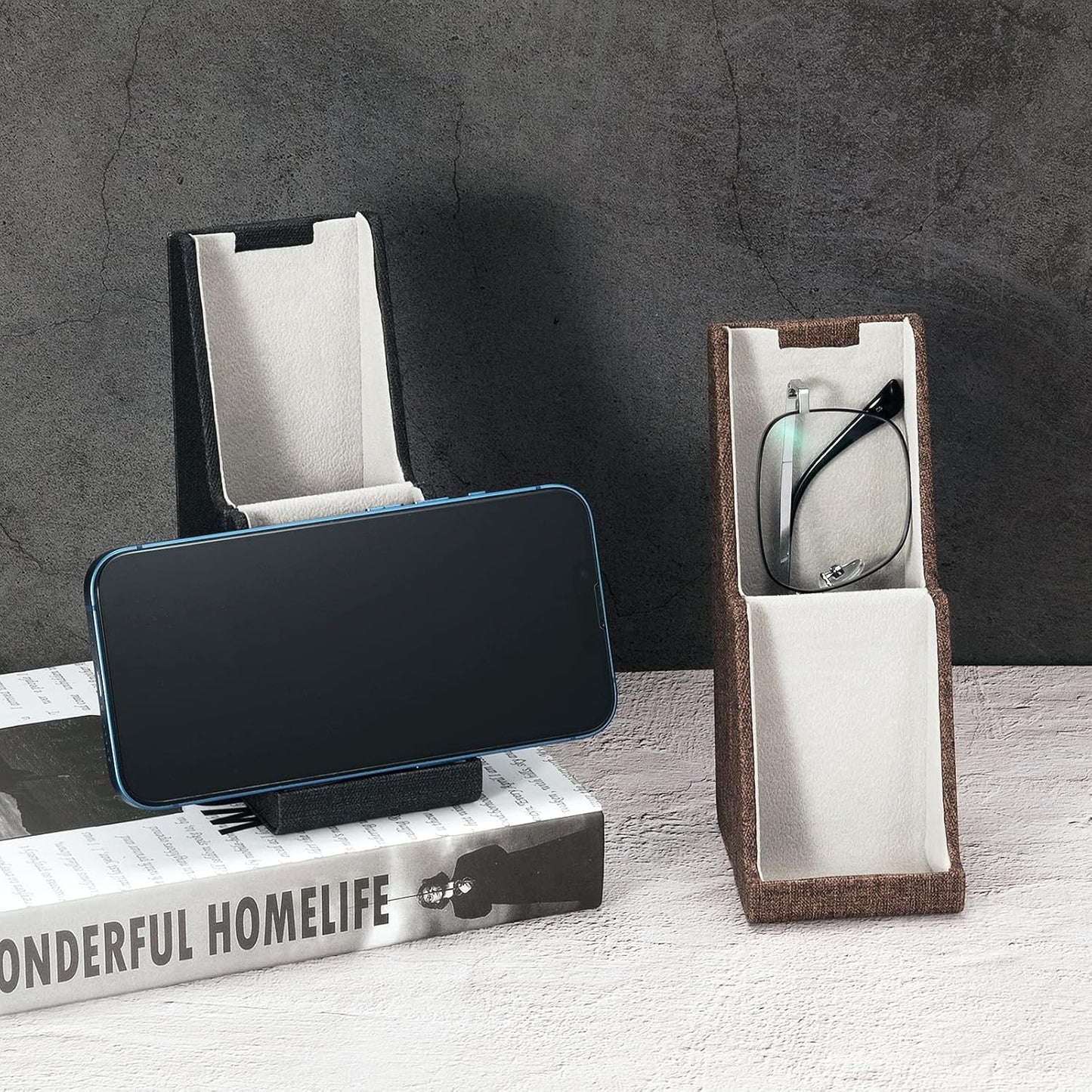 Vemiss Flip-top Glasses Case, Hard Shell Eyeglass Cases & Phone Stand | Unfolds As Phone/Pen Holder. For Desk, Nightstand, Vintage PU Leather, Eye Glass Case for Men Women