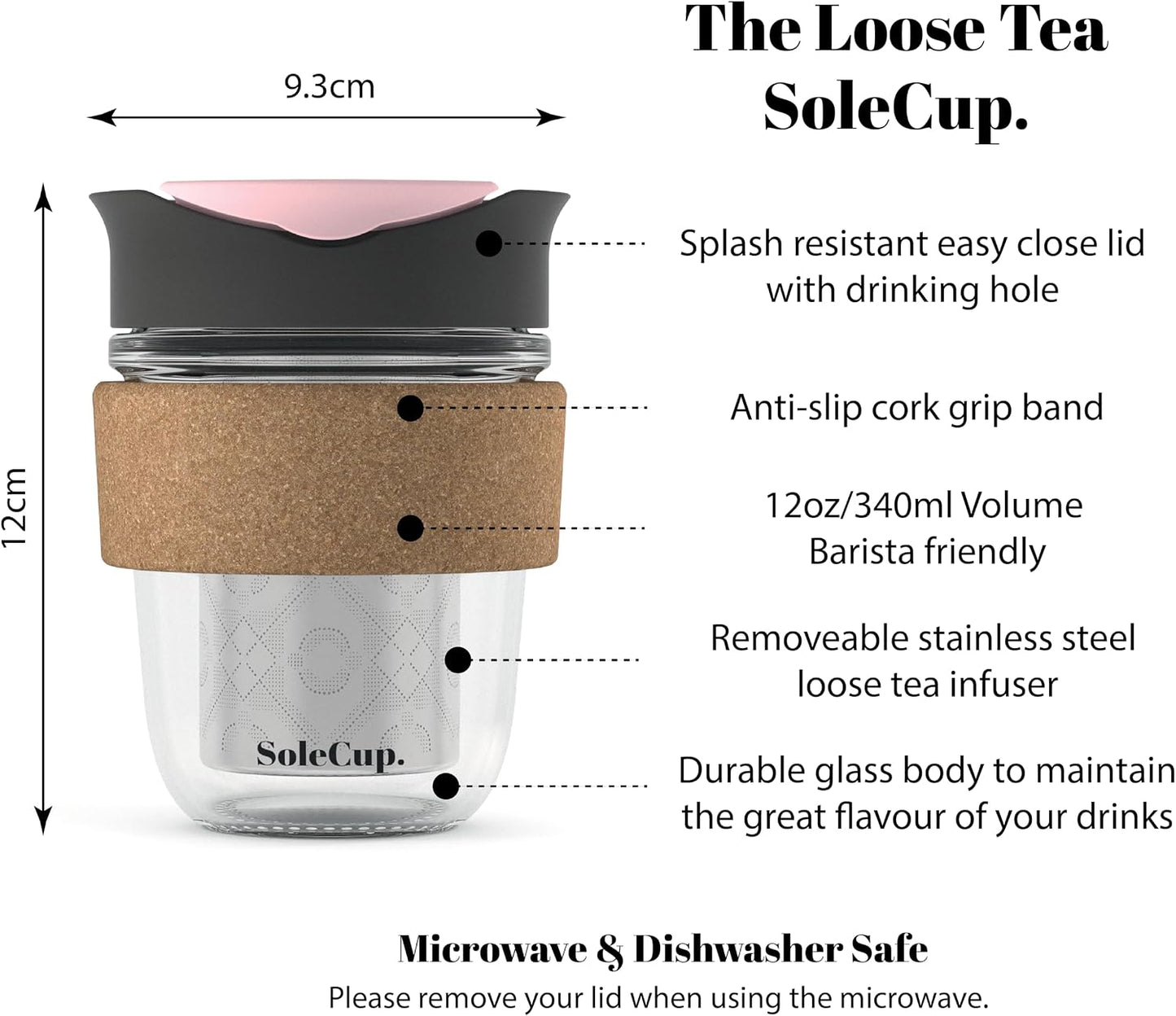 Large Travel Mug Loose Tea Infuser - Detachable Tea Strainer with Spill Proof Lid - 18oz/530ml BPA-Free Reusable Glass Travel Coffee Cup with Cork Band (Pink, 18oz)