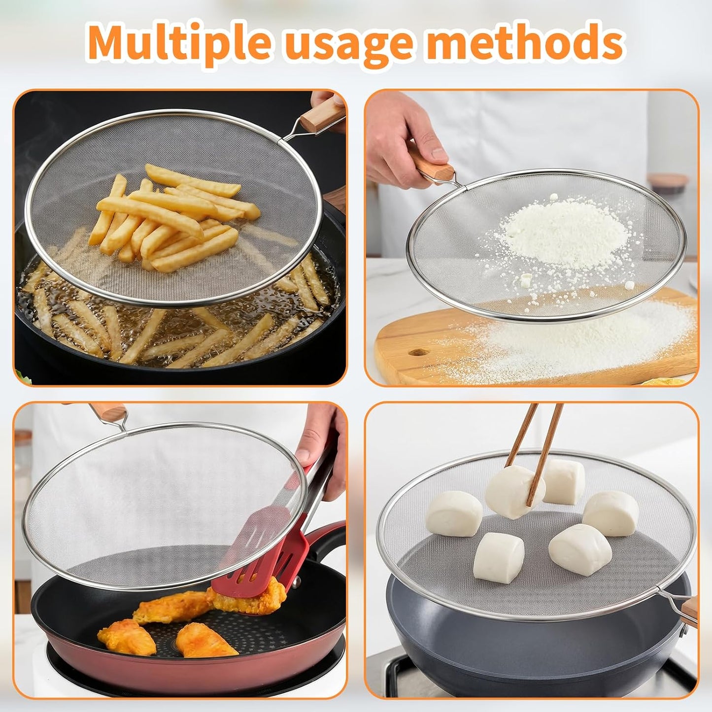Grease Splatter Screen for Frying Pan - 8Inch Stainless Steel Splatter Guards Mesh with Wood Handle, Pan Cooking Pots Food Strainer, Hot Oil Splash Protector Splatters Screen for Frying Pans