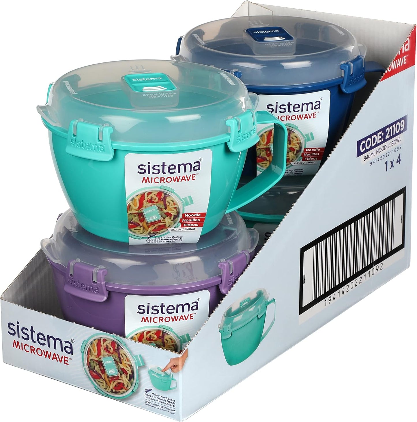 Sistema Microwaveable 940mL Noodle Bowl, Round Microwave Container with Lid & Steam-Release Vent, Cooks Pasta, Soup, Stew & More, Dishwasher & Freezer-Safe, BPA-Free