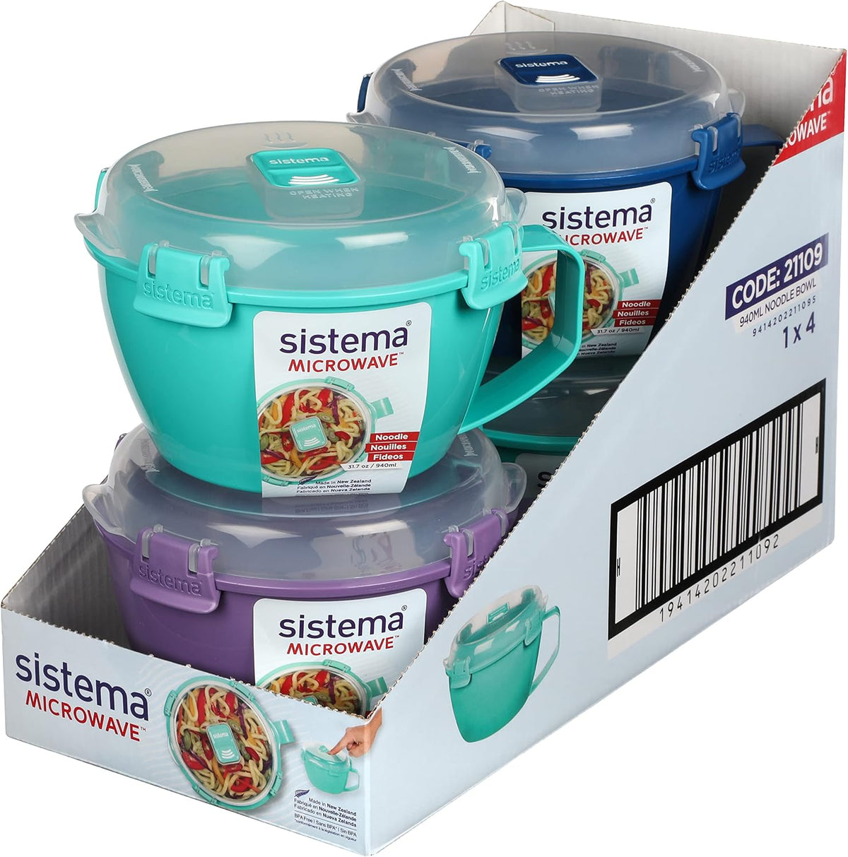Sistema Microwaveable 940mL Noodle Bowl, Round Microwave Container with Lid & Steam-Release Vent, Cooks Pasta, Soup, Stew & More, Dishwasher & Freezer-Safe, BPA-Free