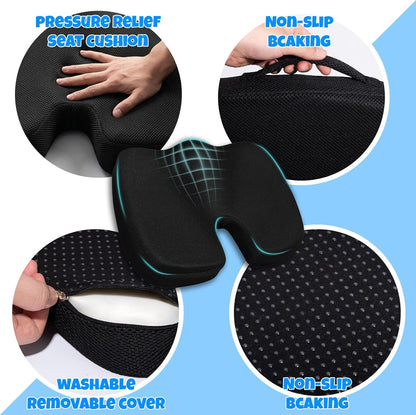 Ergonomic Seat Cushion with Memory Foam for Office Chair, Car Seat, Sciatica & Tailbone Relief, Non-Slip Cushion,Breathable Mesh Cover, Portable Handle - Black