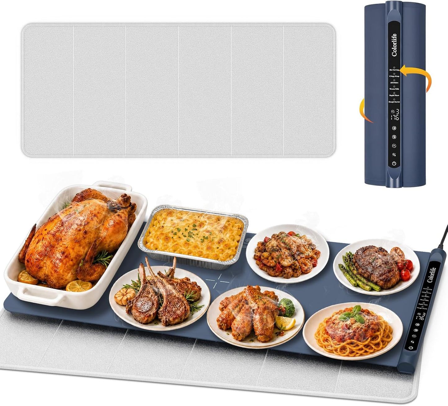 Warming Mat for Food, Electric Warming Tray with Heat-Resistant Pad-L Grey | Colorlife 6 Preset Modes, 7 Temps, 6H Timer, Child Lock, Auto-Memory, Rollable Silicone Food Warmer for Buffet, Parties