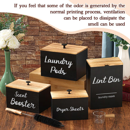 4 Pcs Magnetic Laundry Pod Holder Laundry Room Container Set, Lint Bin with Scoop and Brush Dryer Sheet Holder, Scent Booster Container Rustic Gift Wood Farmhouse Room Decorcontainer(Black)