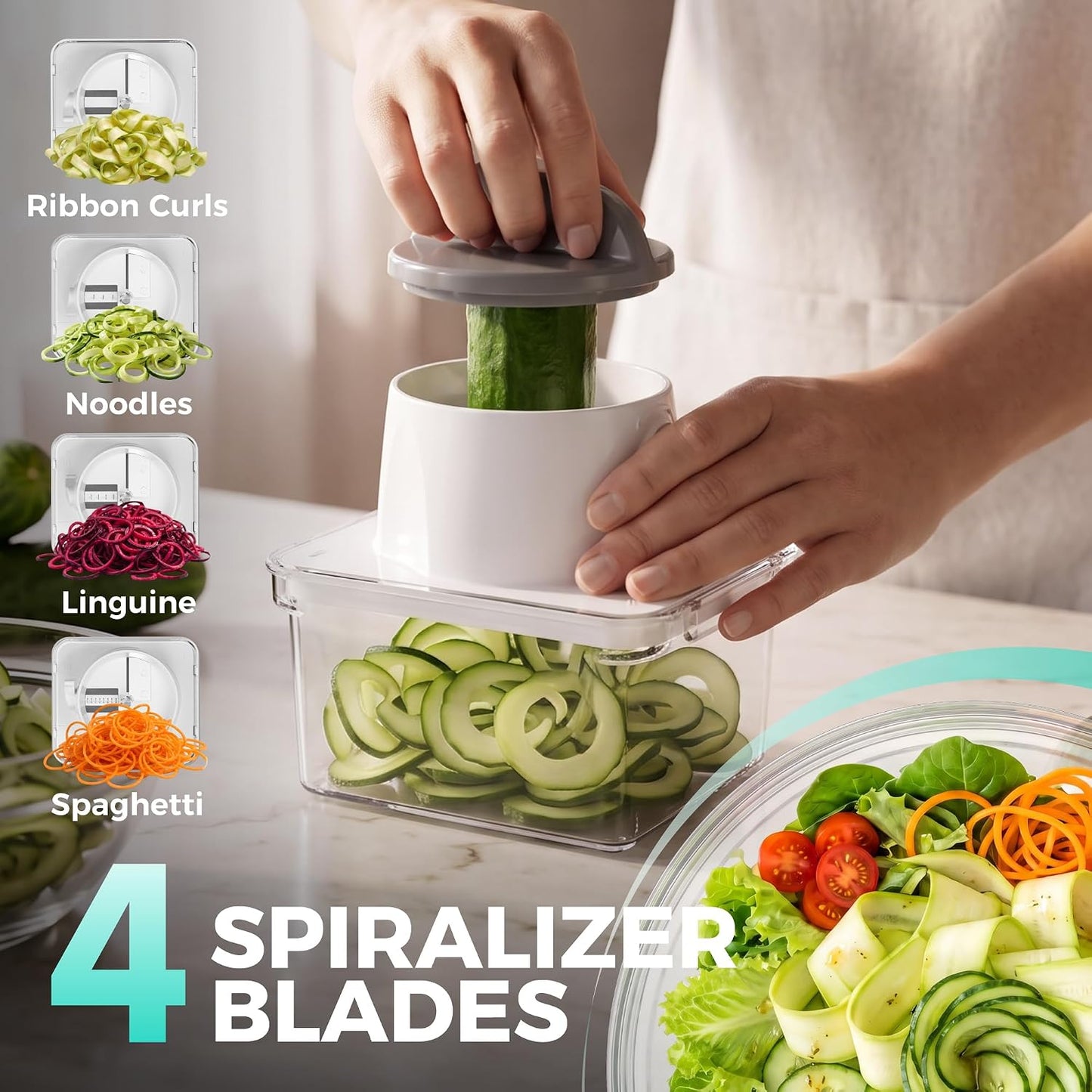 HAUSHOF 9-in-1 Vegetable Chopper & Mandoline Slicer, 7 Blades, Drain Basket | Food and Veggie Chopper and Dicer, Grater, Kitchen Prep Tool with Container, Safety Holder, Interchangeable Blades