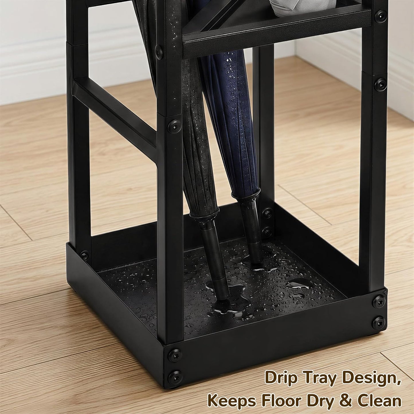 Umbrella Stand for Entryway Metal Geometric Freestanding Umbrella Holder or Cane Holder with Shelf for Small Umbrellas and Bottom Drip Tray, Black