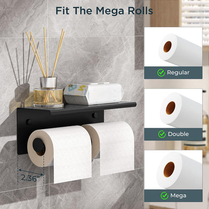 FORIOUS Toilet Paper Holder with Shelf, Commercial Toilet Paper Dispensers | Brushed Nickel | Wall Mount Bathroom Tissue Holder | SUS304 Stainless Steel Rustproof | Double Tissue Roll Holder